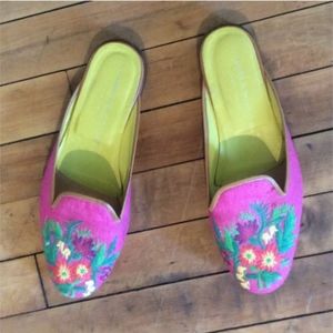 Stubbs & Wooton Linen Leather Embroidered Slides